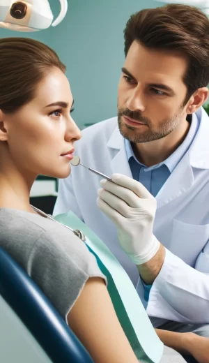 DALL·E 2024-04-21 00.31.02 - A professional male dentist in his mid-40s, wearing a white lab coat, examining a female patient in her 30s who is sitting in a dental chair. The dent