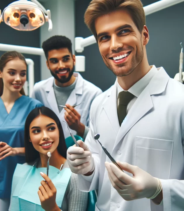 DALL·E 2024-04-21 00.31.05 - A professional male dentist in his mid-40s, wearing a white lab coat, smiling, and demonstrating dental tools to a diverse group of three dental stude