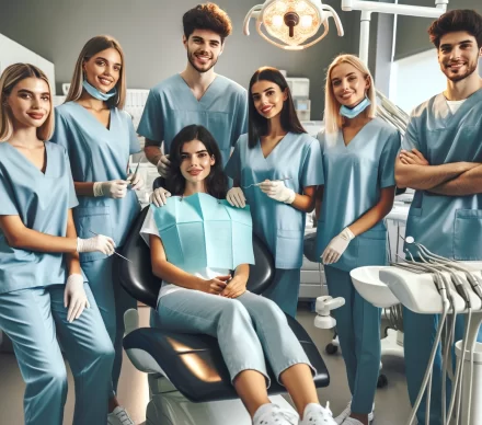 DALL·E 2024-04-21 00.36.56 - A diverse team of dental students in a modern dental clinic setting, showcasing a mix of genders and ethnicities. The team consists of five students,
